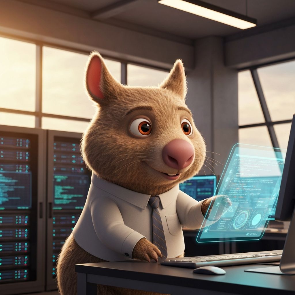 Friendly wombat mascot in a modern office environment