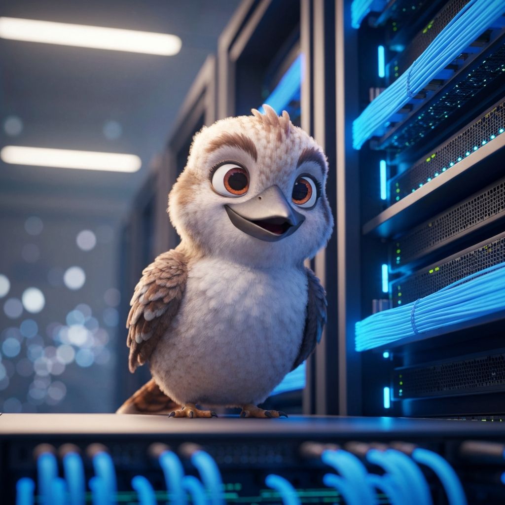 Kookaburra perched on network server equipment with glowing fiber optic cables