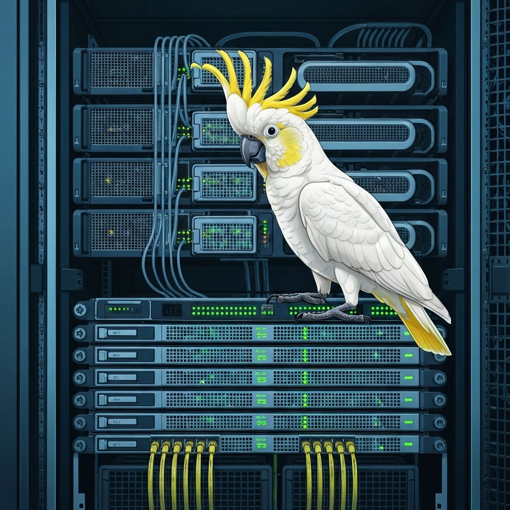 Cloud infrastructure illustration with cockatoo mascot