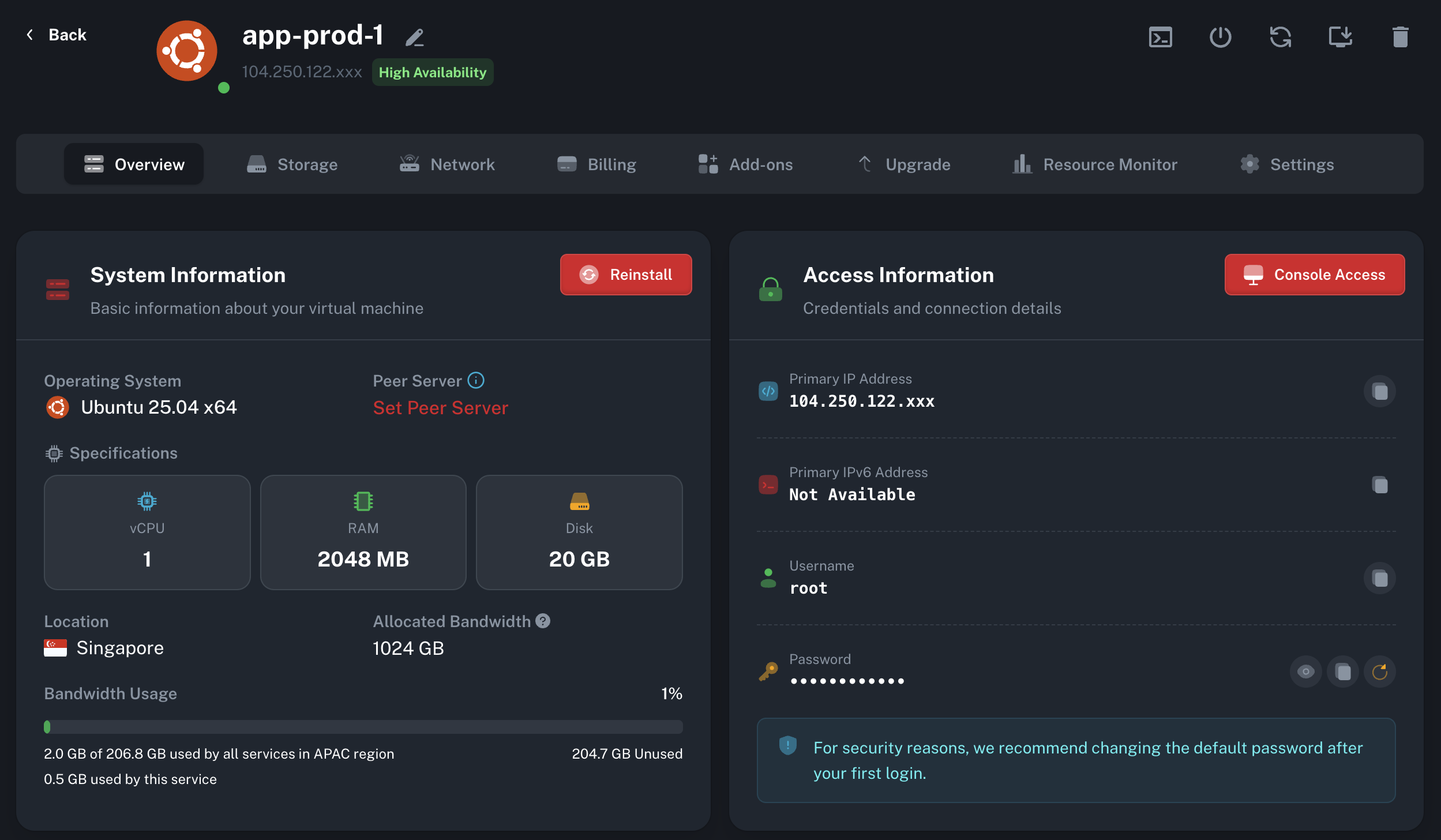 Onidel Control Panel Dashboard showing VM management interface